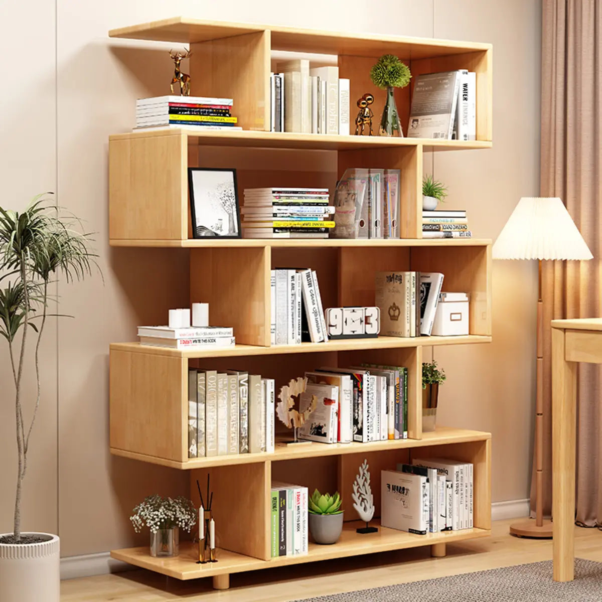 Simple Open Vertical Natural Wood Display Bookcase Image - 3