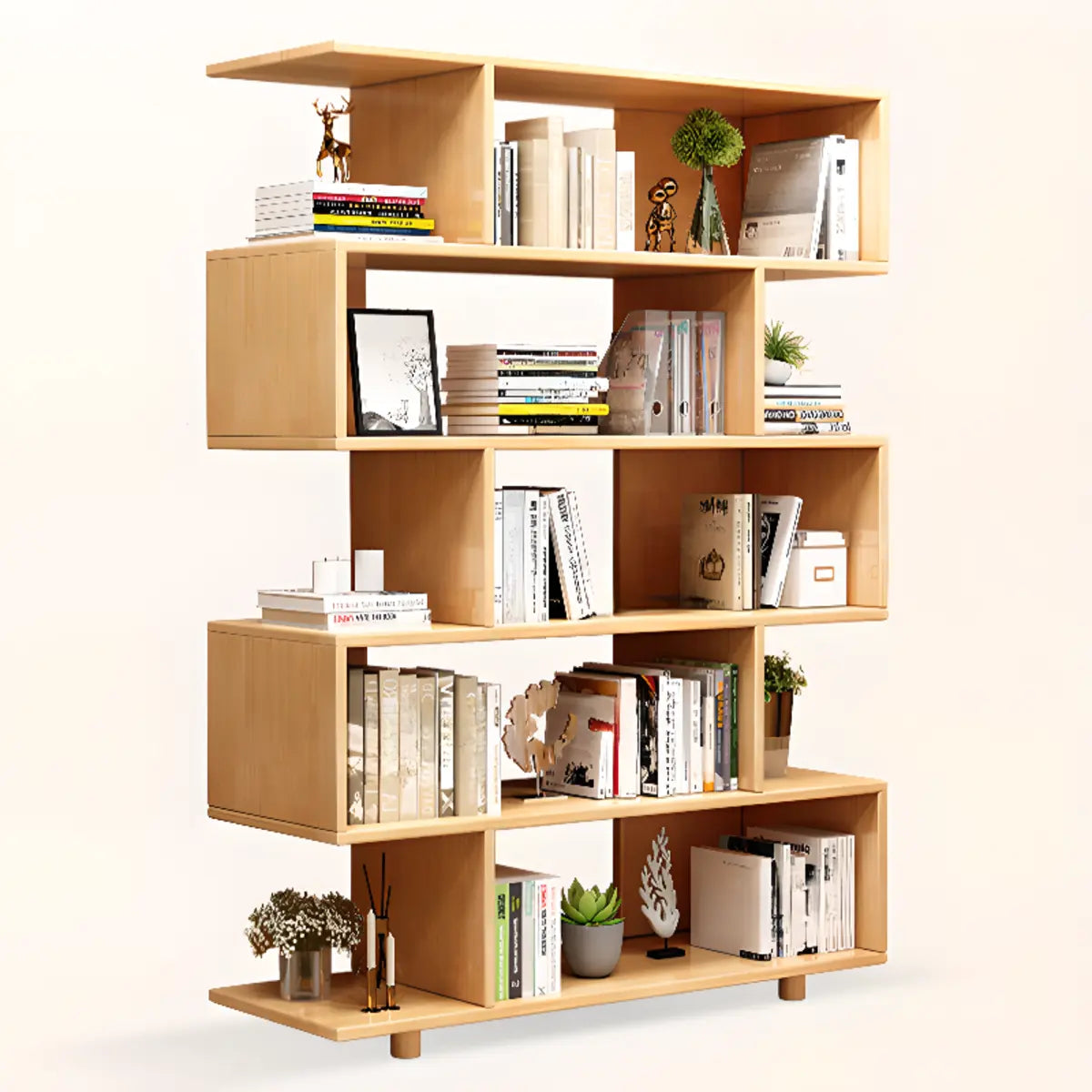 Simple Open Vertical Natural Wood Display Bookcase Image - 4