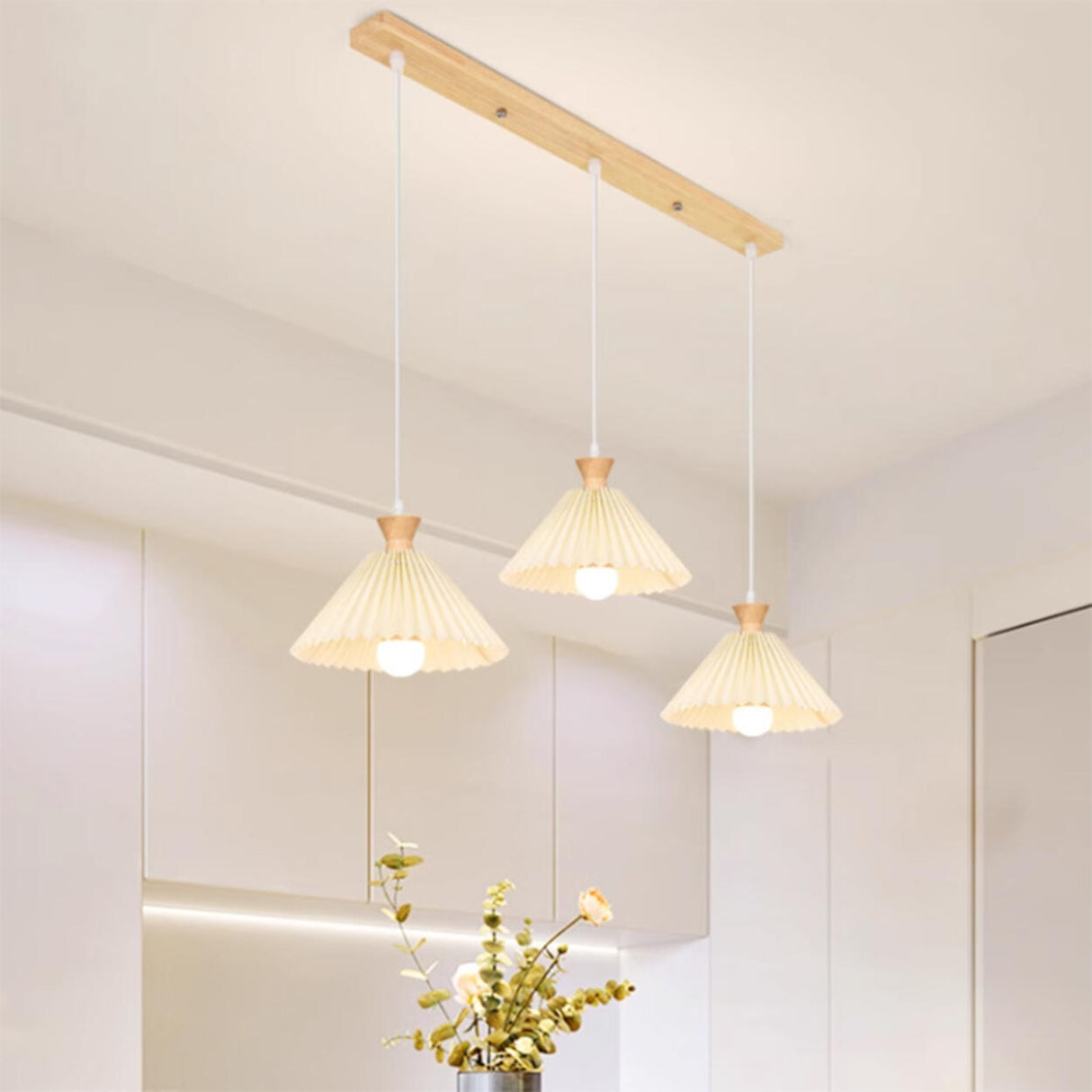 Simple Pleated Cone Wooden 3-Light Island Light Fixture Image - 3