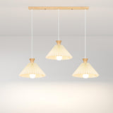 Simple Pleated Cone Wooden 3-Light Island Light Fixture Image - 6