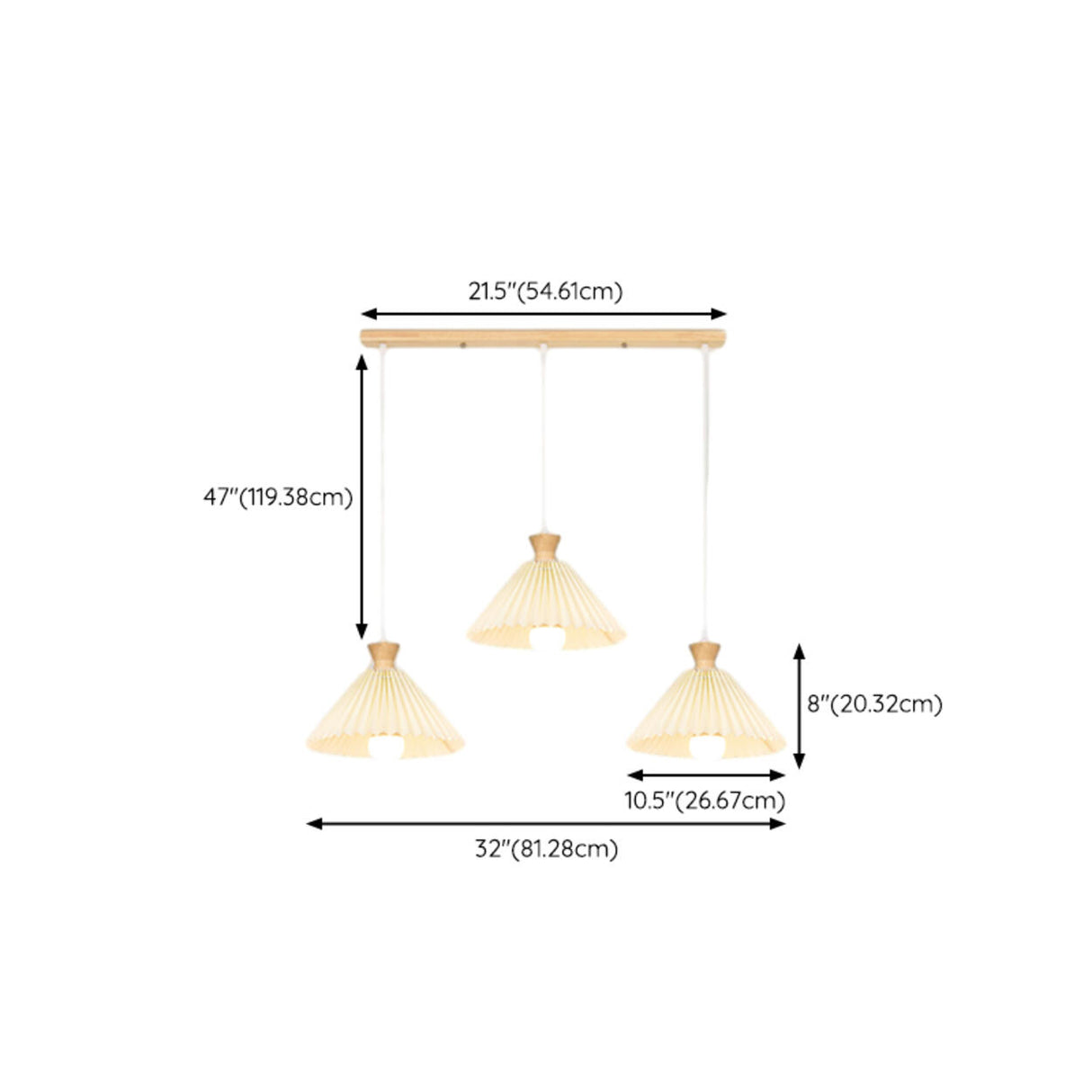 Simple Pleated Cone Wooden 3-Light Island Light Fixture 