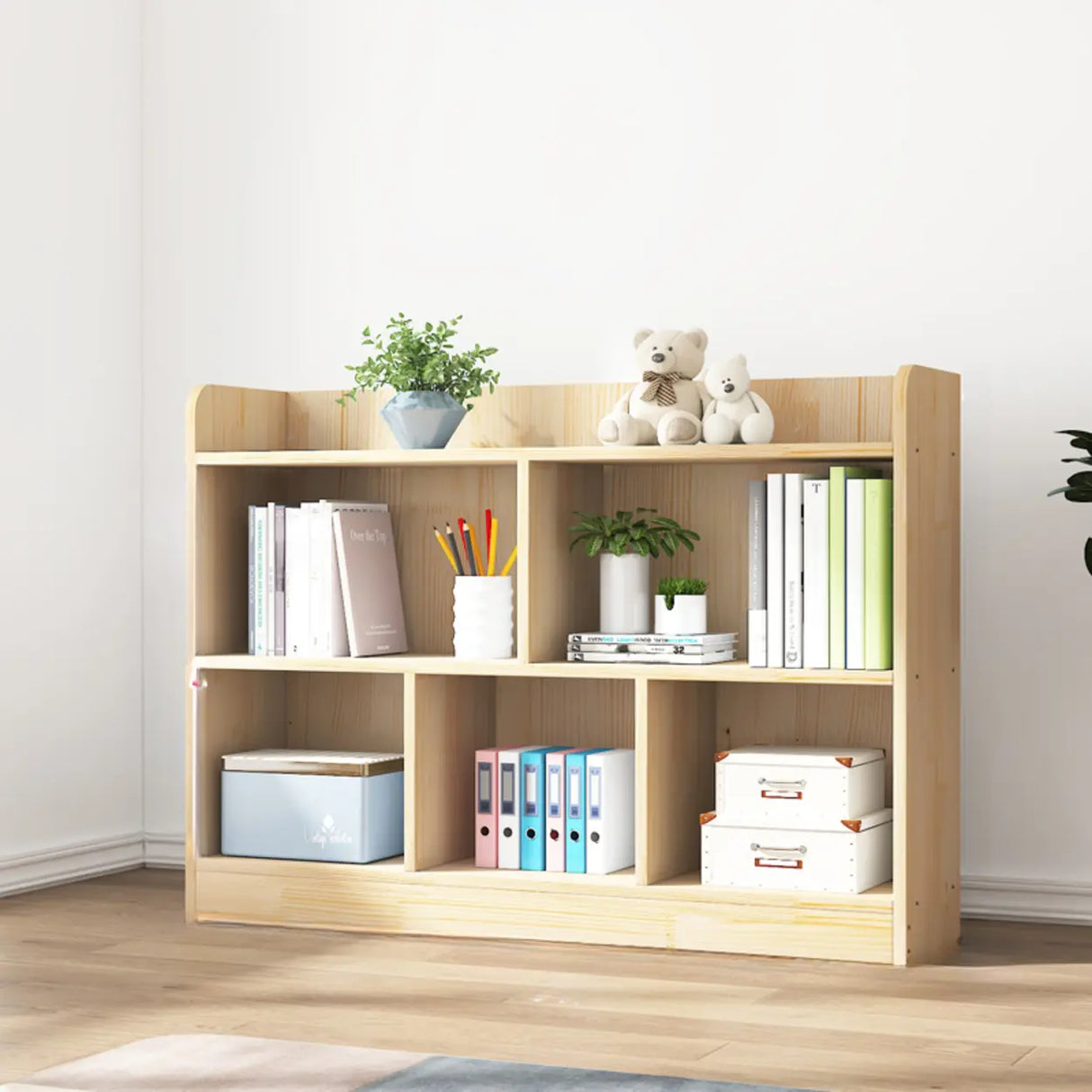 Simple Rectangle Closed Back Wooden Wide Bookcase Image - 3
