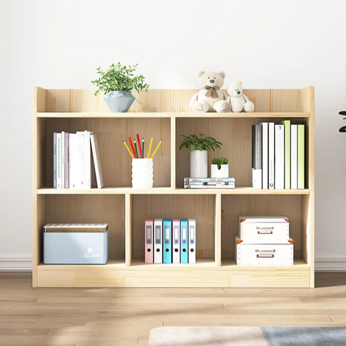 Simple Rectangle Closed Back Wooden Wide Bookcase Image - 6