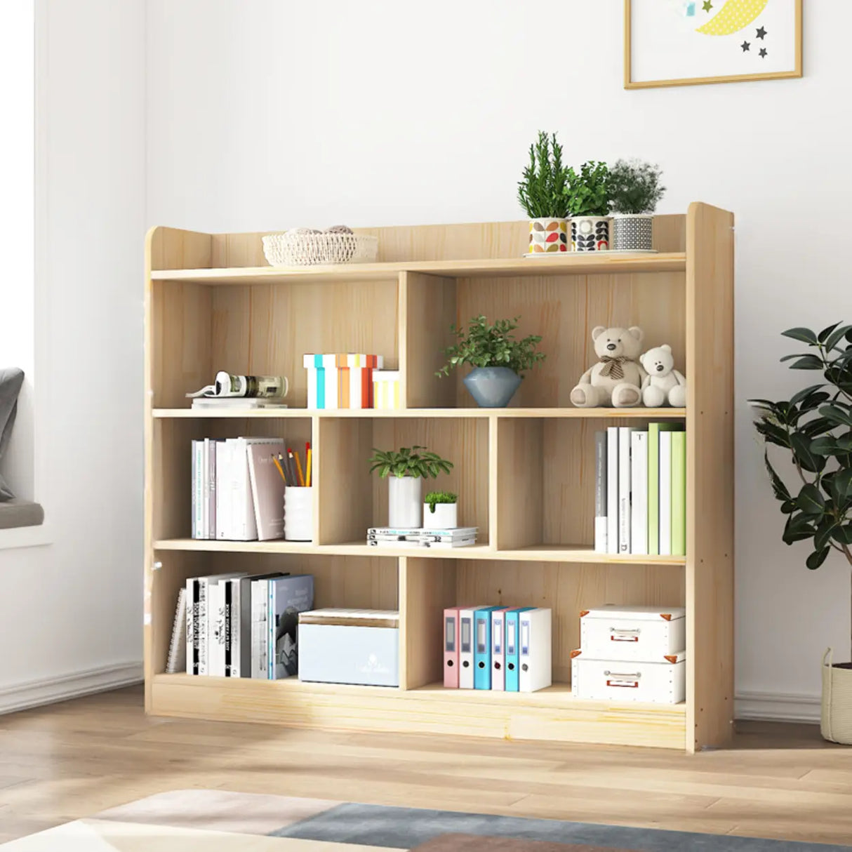 Simple Rectangle Closed Back Wooden Wide Bookcase Image - 7