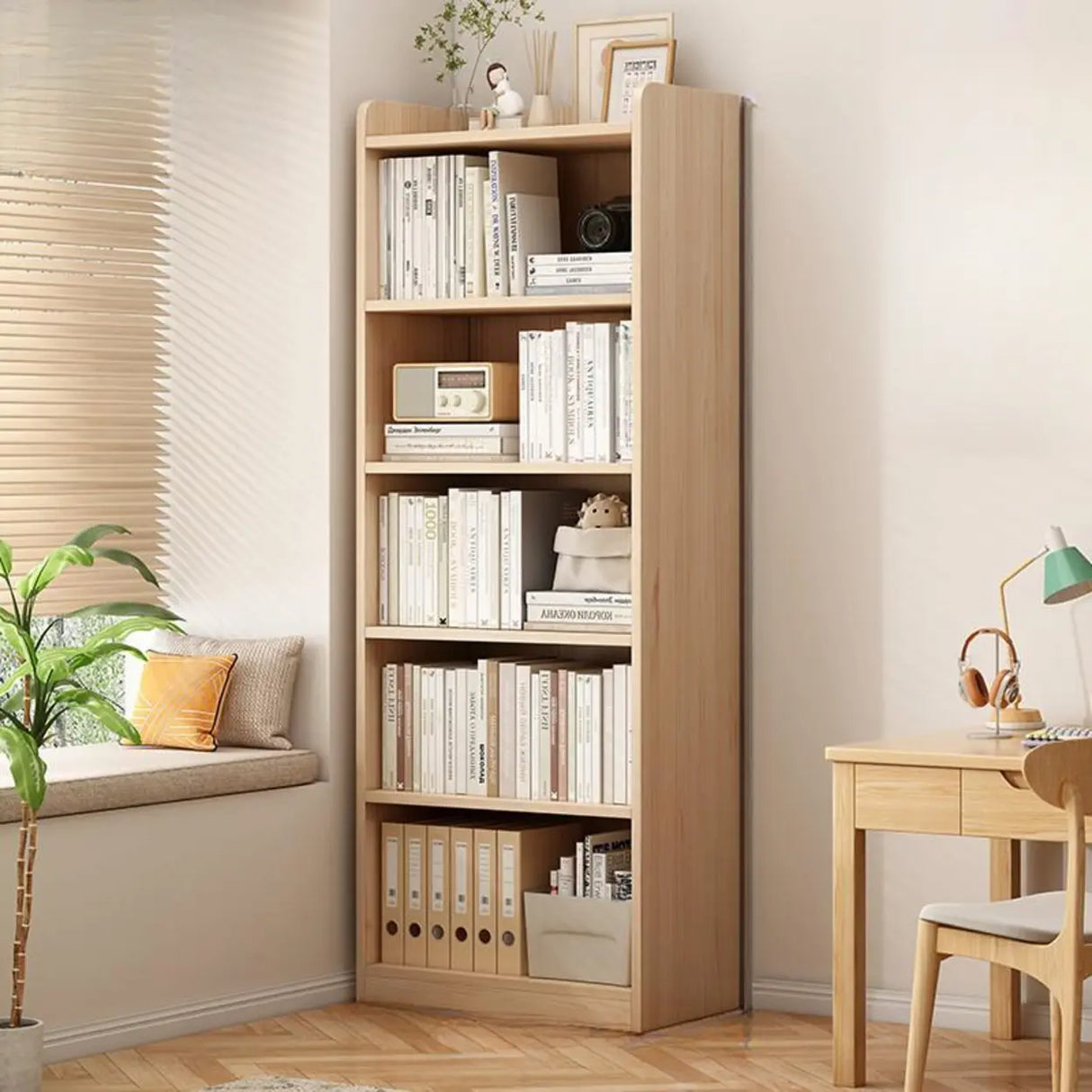 Simple Rectangular Closed Pine Wood 5-Shelf Bookcase Image - 18
