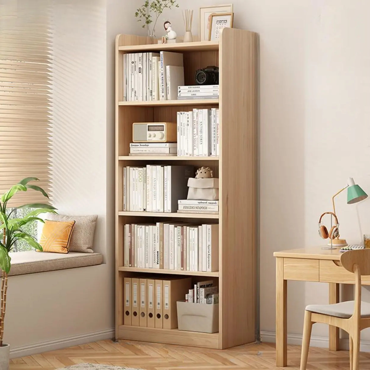Simple Rectangular Closed Pine Wood 5-Shelf Bookcase Image - 19