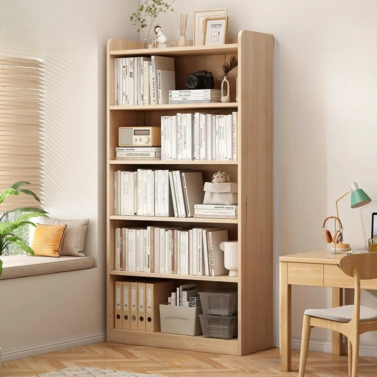 Simple Rectangular Closed Pine Wood 5-Shelf Bookcase Image - 21
