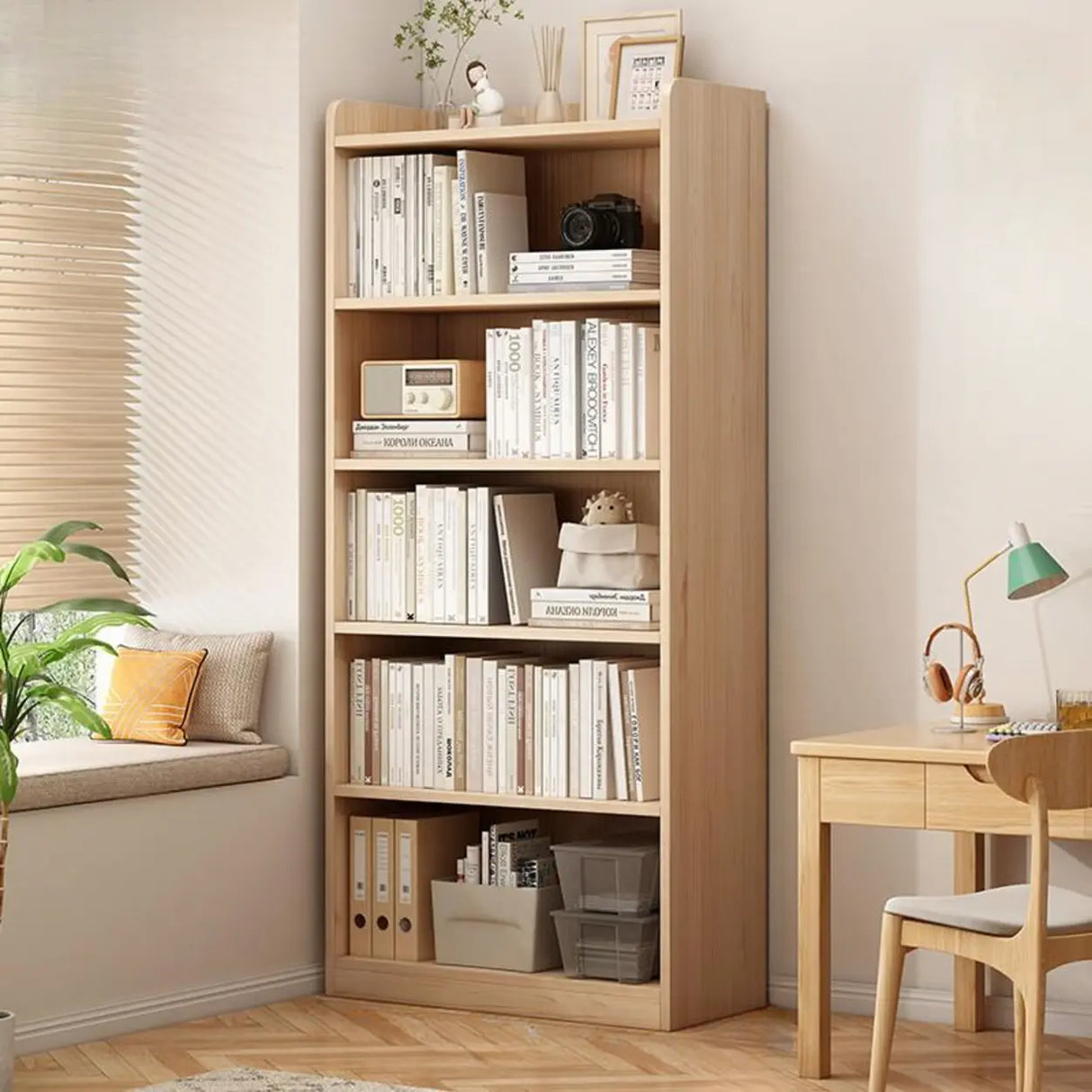 Simple Rectangular Closed Pine Wood 5-Shelf Bookcase Image - 22