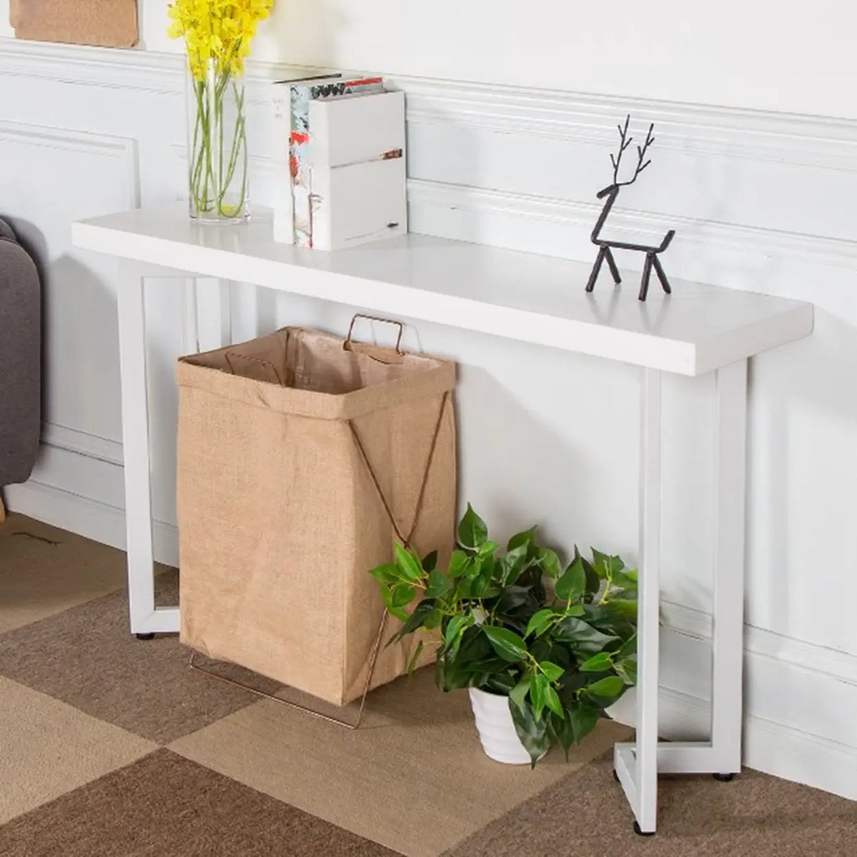 Simple Rectangular Iron Base Wood Black Console Table Image - 3