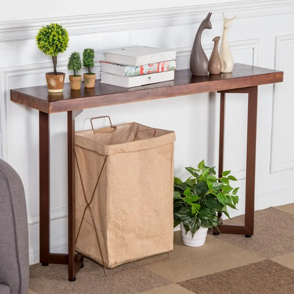 Simple Rectangular Iron Base Wood Black Console Table Image - 5