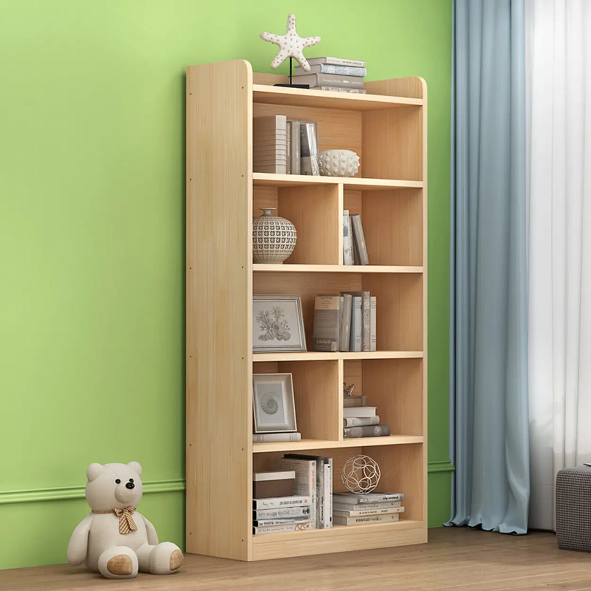 Simple Rectangular Natural Wood Finish Storage Bookcase Image - 11