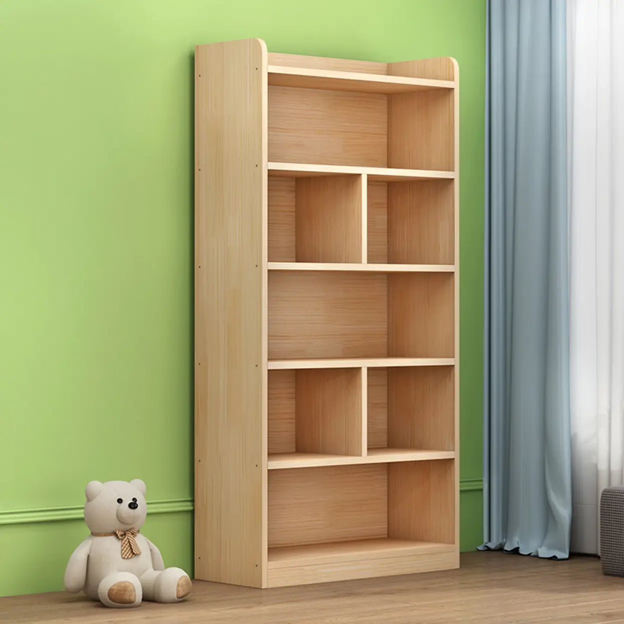 Simple Rectangular Natural Wood Finish Storage Bookcase Image - 5