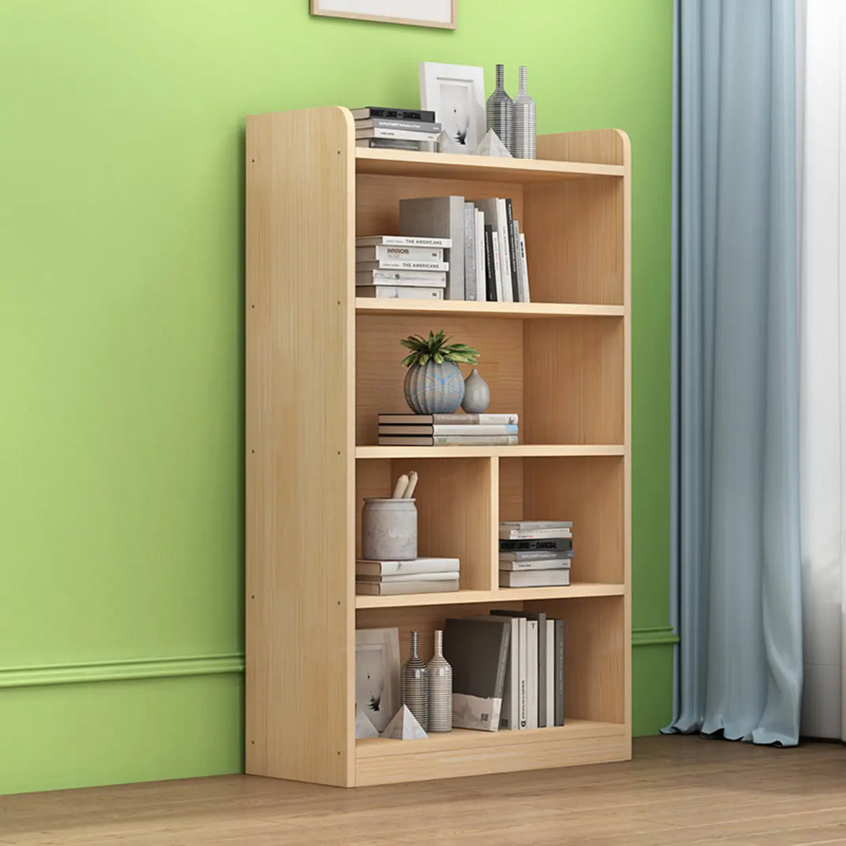 Simple Rectangular Natural Wood Finish Storage Bookcase Image - 9
