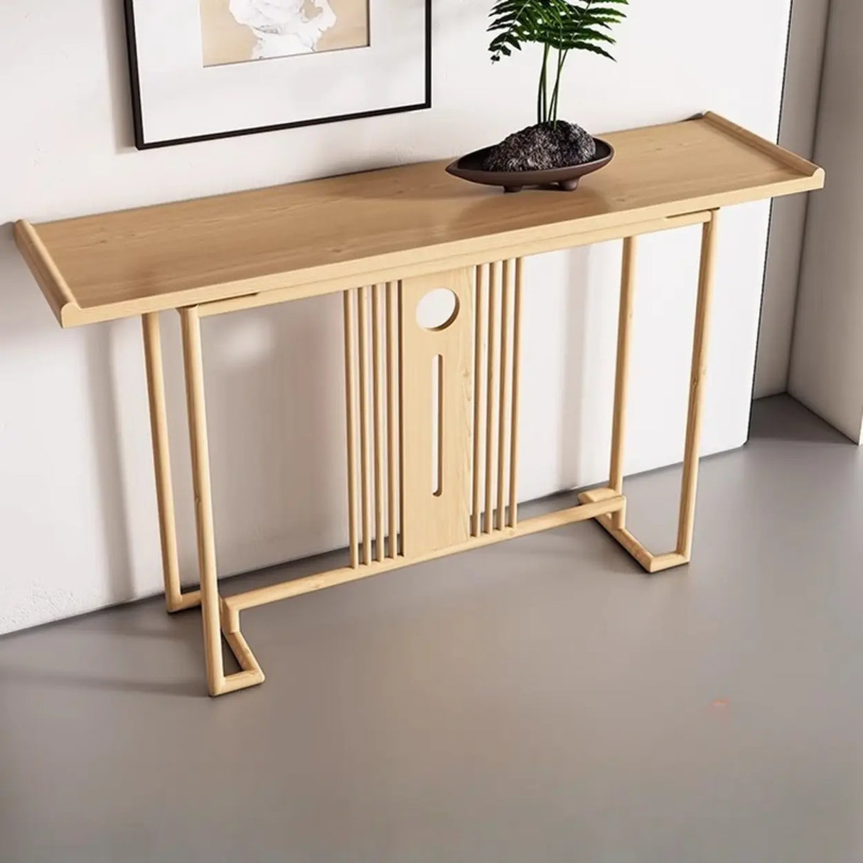 Simple Rectangular Natural Wood Frame Console Table Image - 2