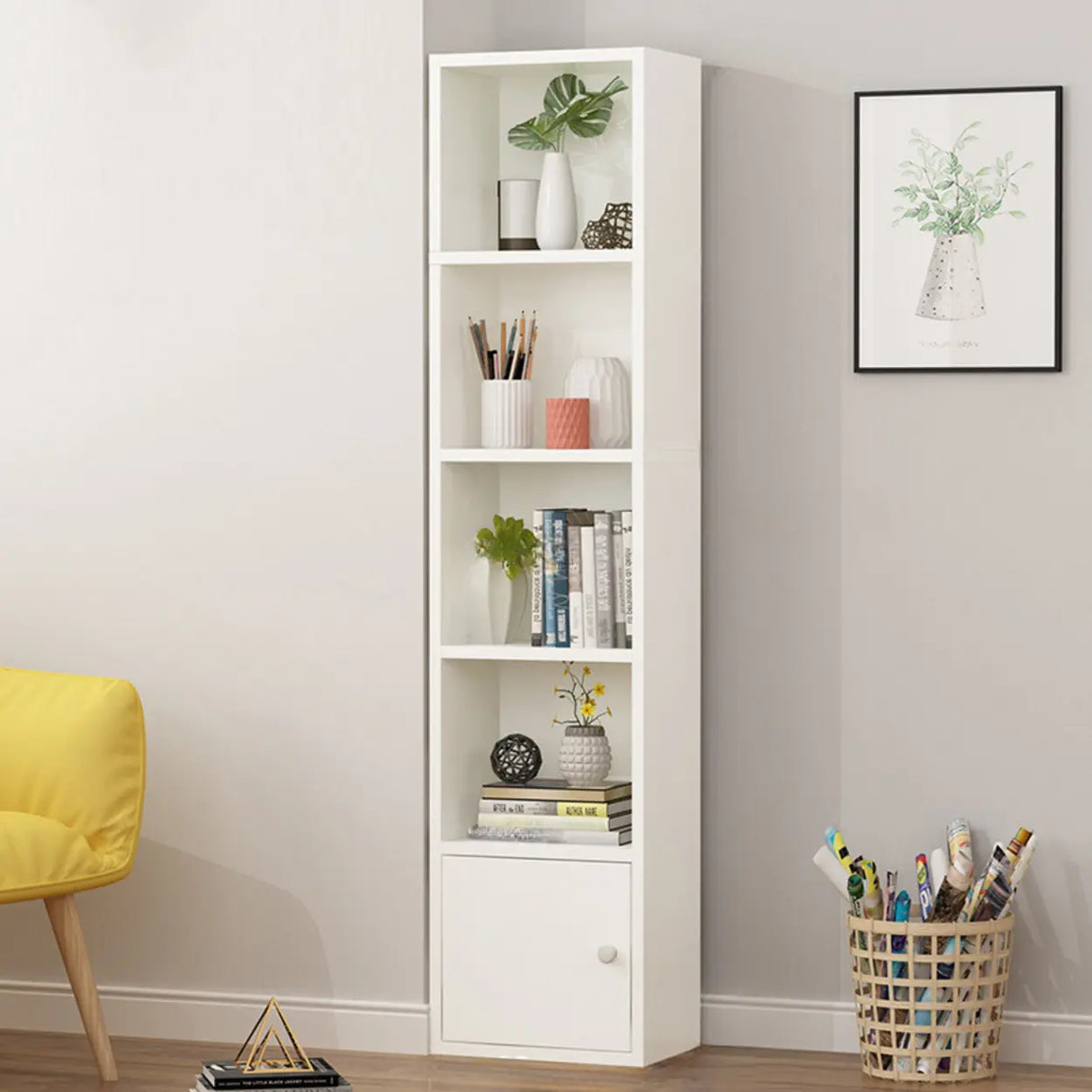 Simple Rectangular White Closed Wood Narrow Bookcase Image - 10