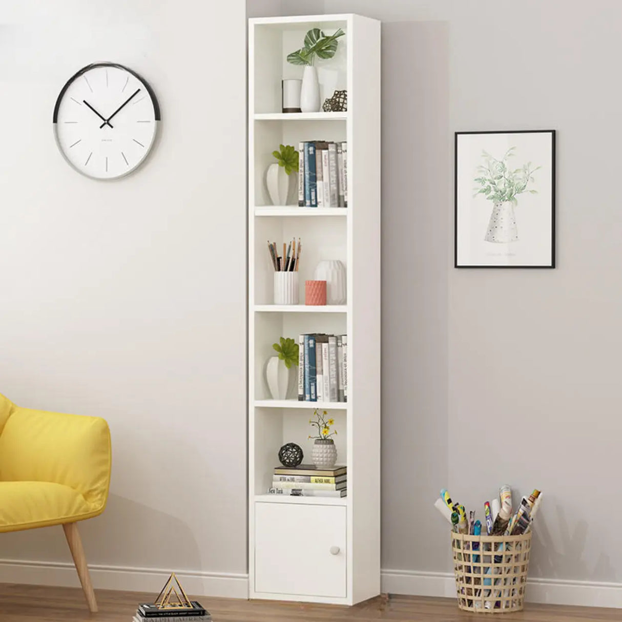 Simple Rectangular White Closed Wood Narrow Bookcase Image - 11
