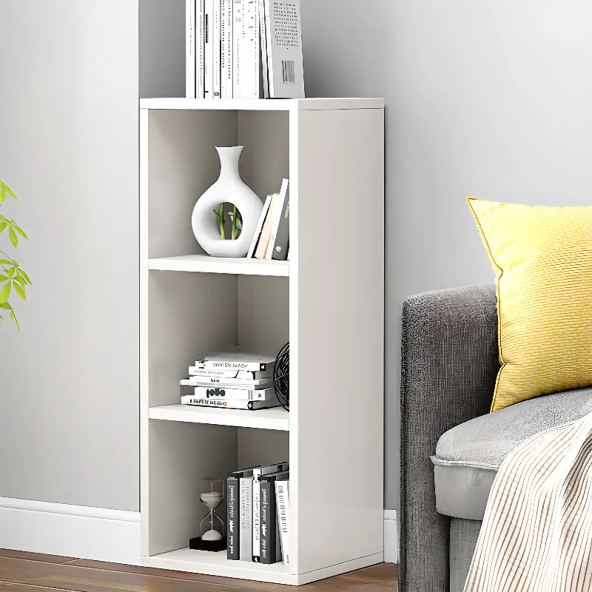 Simple Rectangular White Closed Wood Narrow Bookcase Image - 16