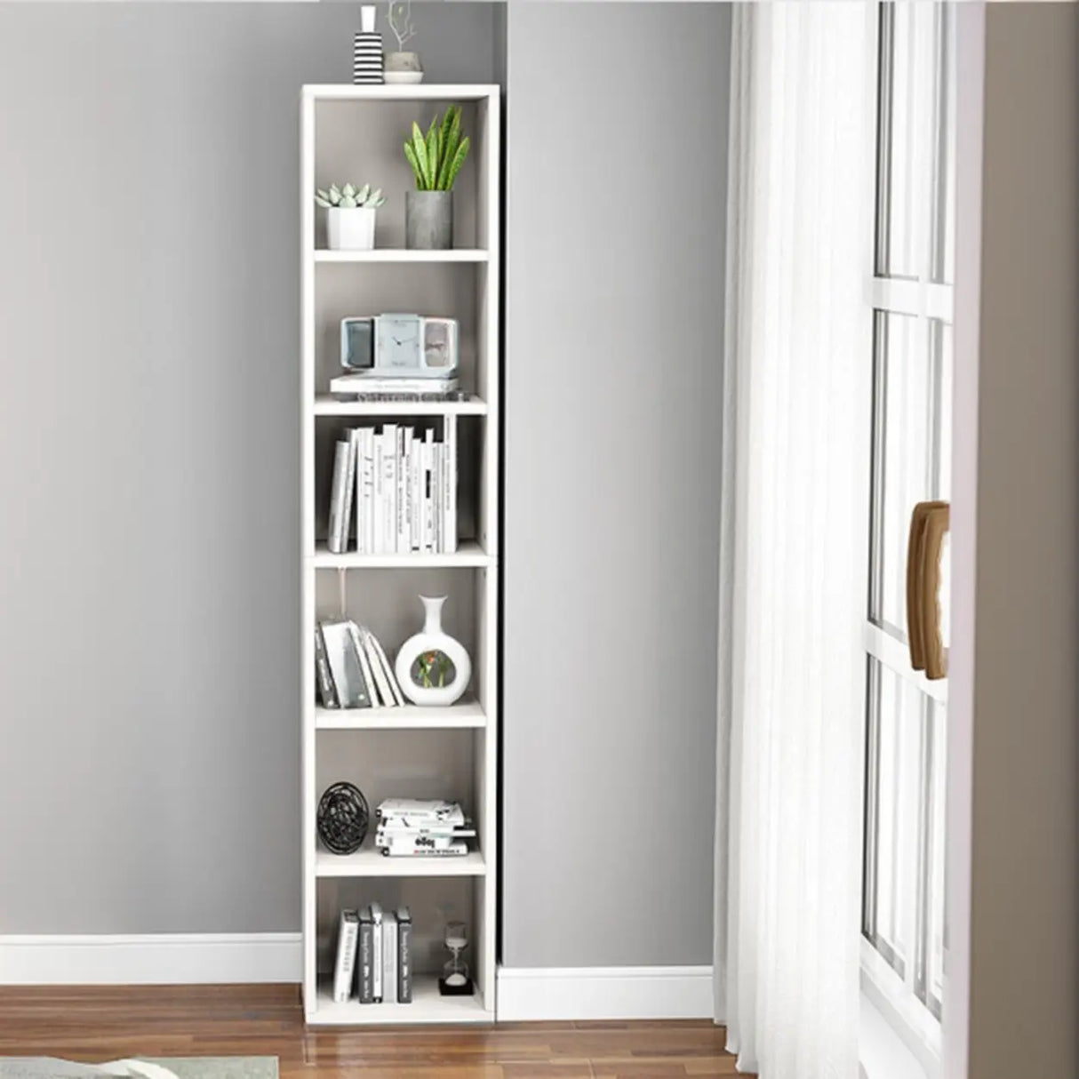 Simple Rectangular White Closed Wood Narrow Bookcase Image - 27