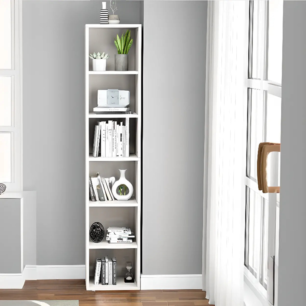 Simple Rectangular White Closed Wood Narrow Bookcase Image - 3