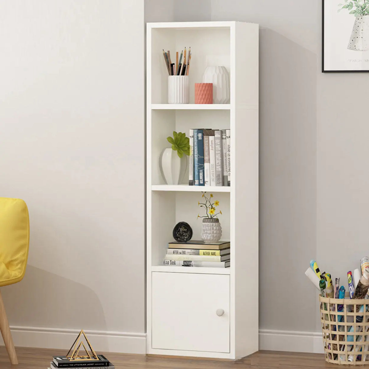 Simple Rectangular White Closed Wood Narrow Bookcase Image - 30