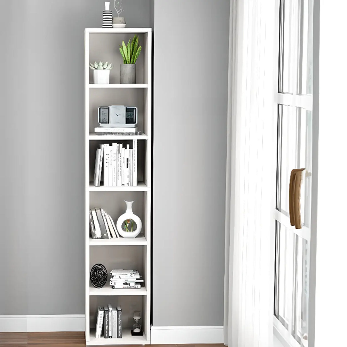 Simple Rectangular White Closed Wood Narrow Bookcase Image - 34