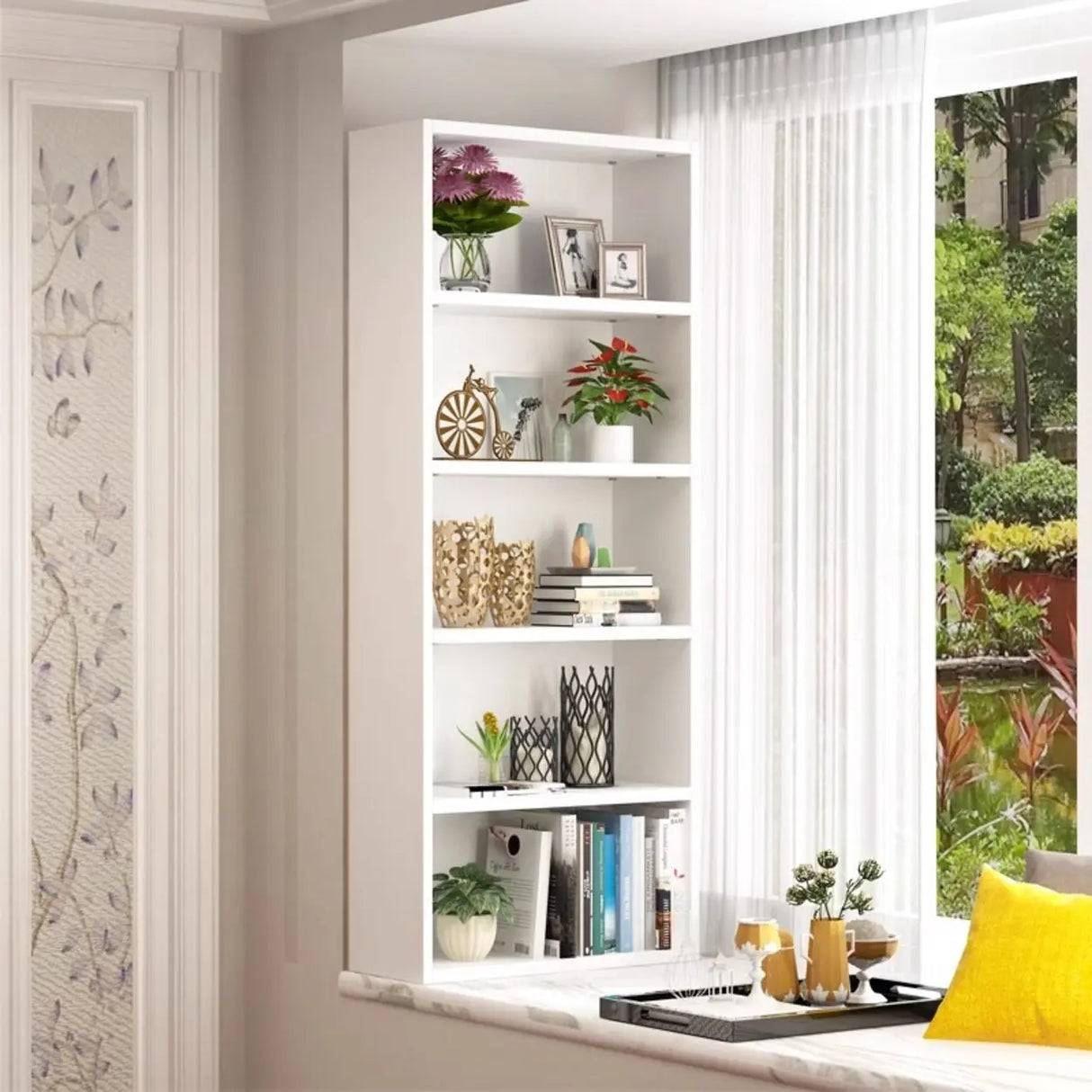 Simple Rectangular White Closed Wood Narrow Bookcase Image - 4