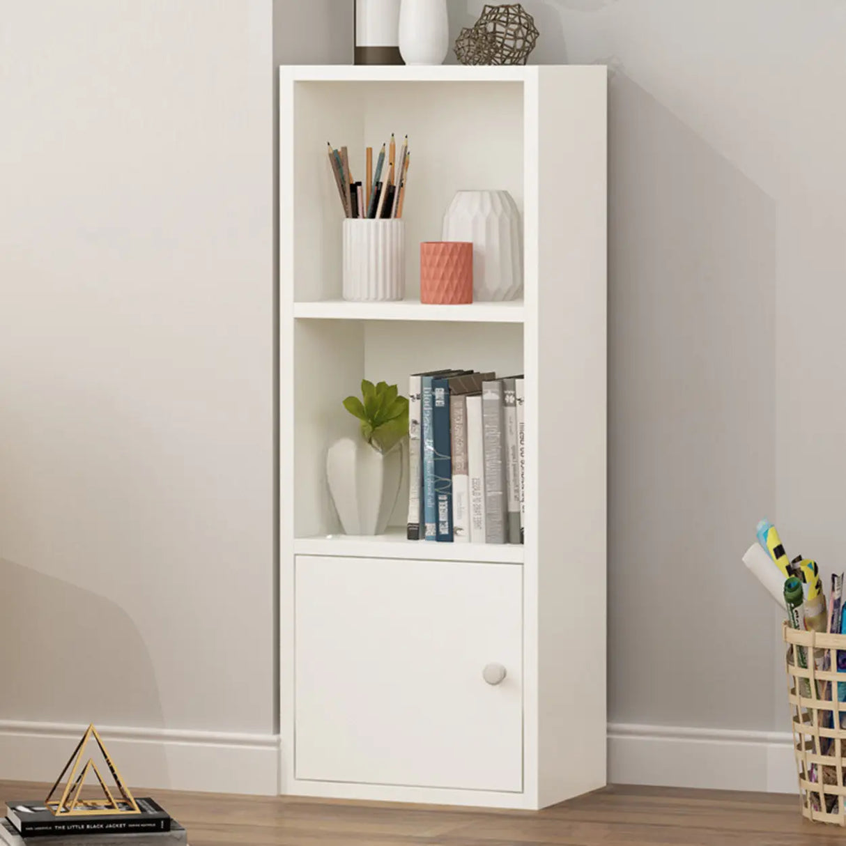 Simple Rectangular White Closed Wood Narrow Bookcase Image - 5