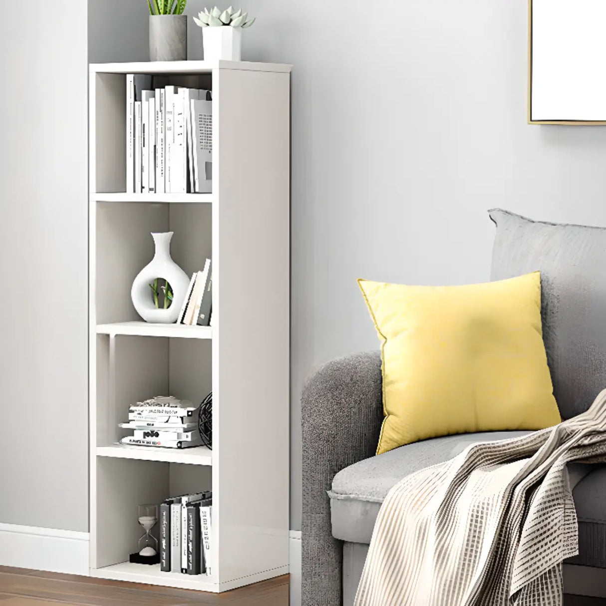 Simple Rectangular White Closed Wood Narrow Bookcase Image - 7