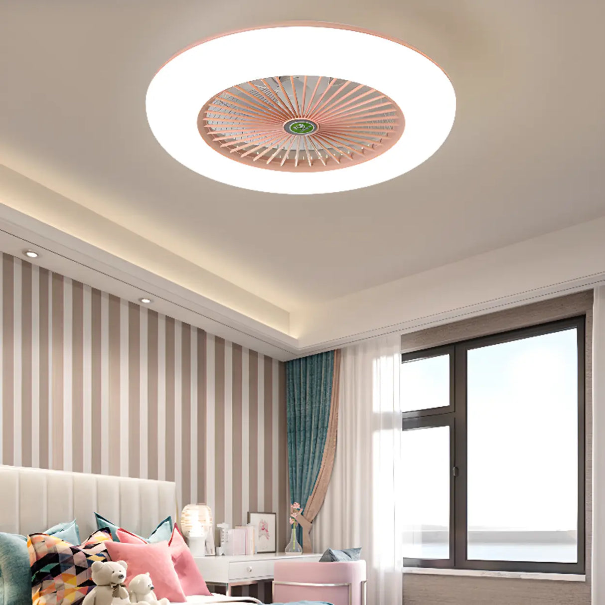 Simple Round Flush Mount Ceiling Fan with LED Light Image - 6