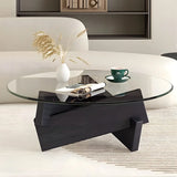 Simple Round Glass Abstract Wood Base Coffee Table Image - 3