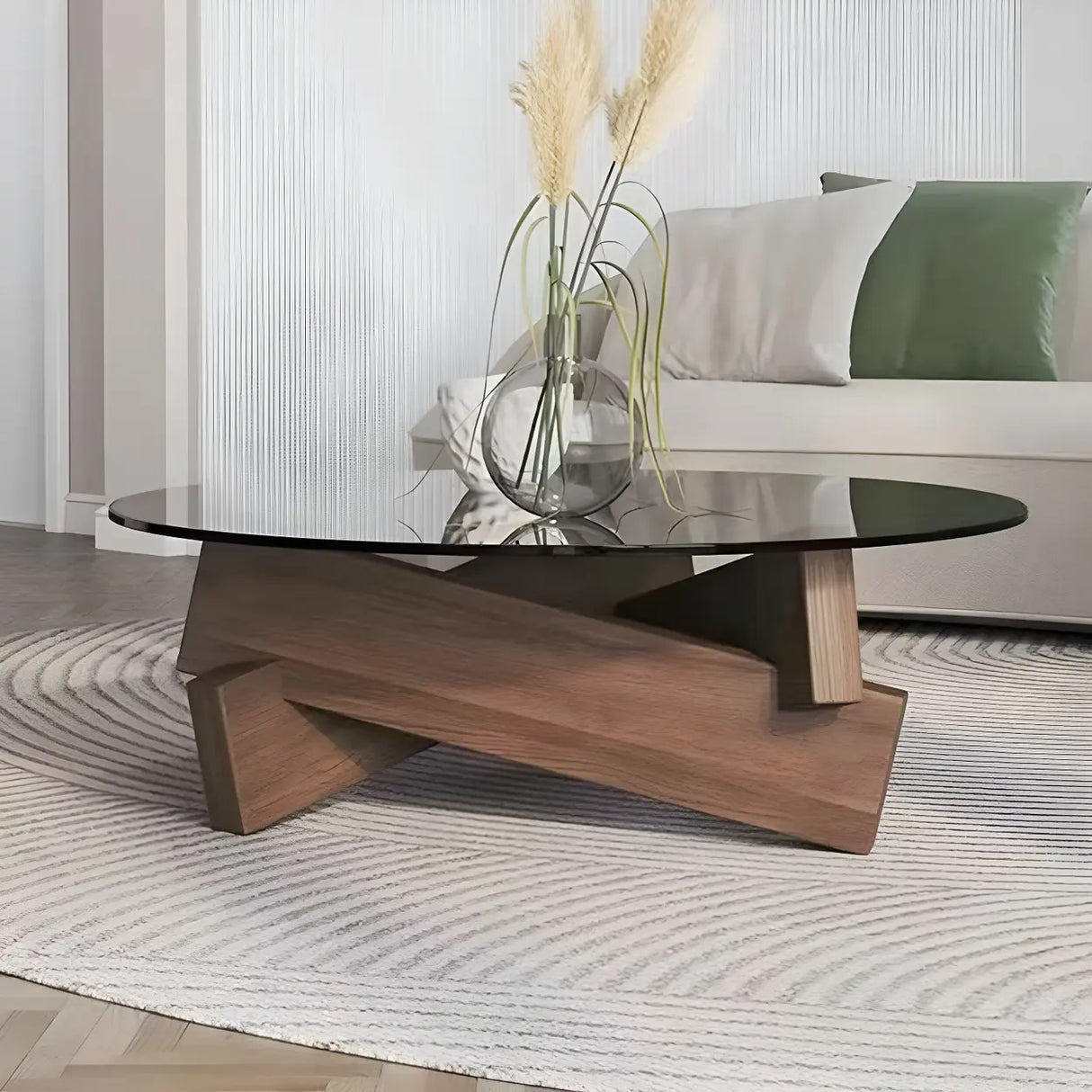 Simple Round Glass Abstract Wood Base Coffee Table Image - 4