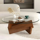 Simple Round Glass Abstract Wood Base Coffee Table Image - 9