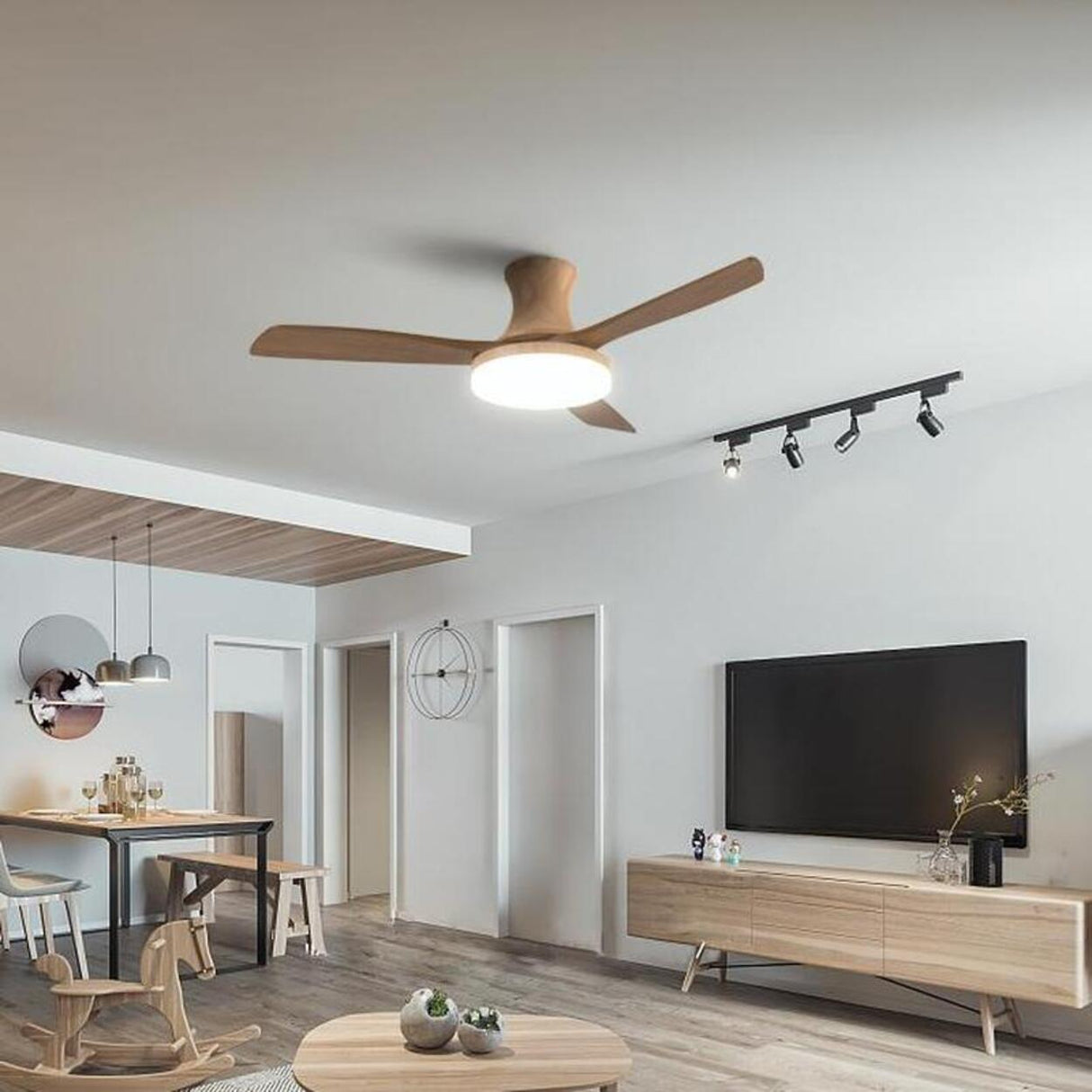 Simple Solid Wood Blade Ceiling Fan with LED Light Image - 4