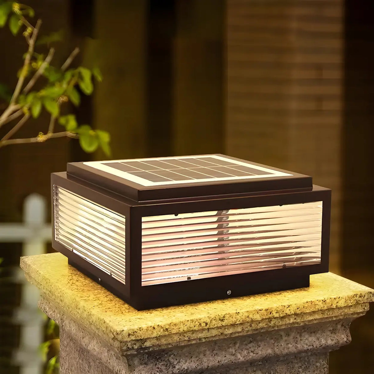 Simple Square Glass Solar Outdoor LED Post Table Lamp Image - 3