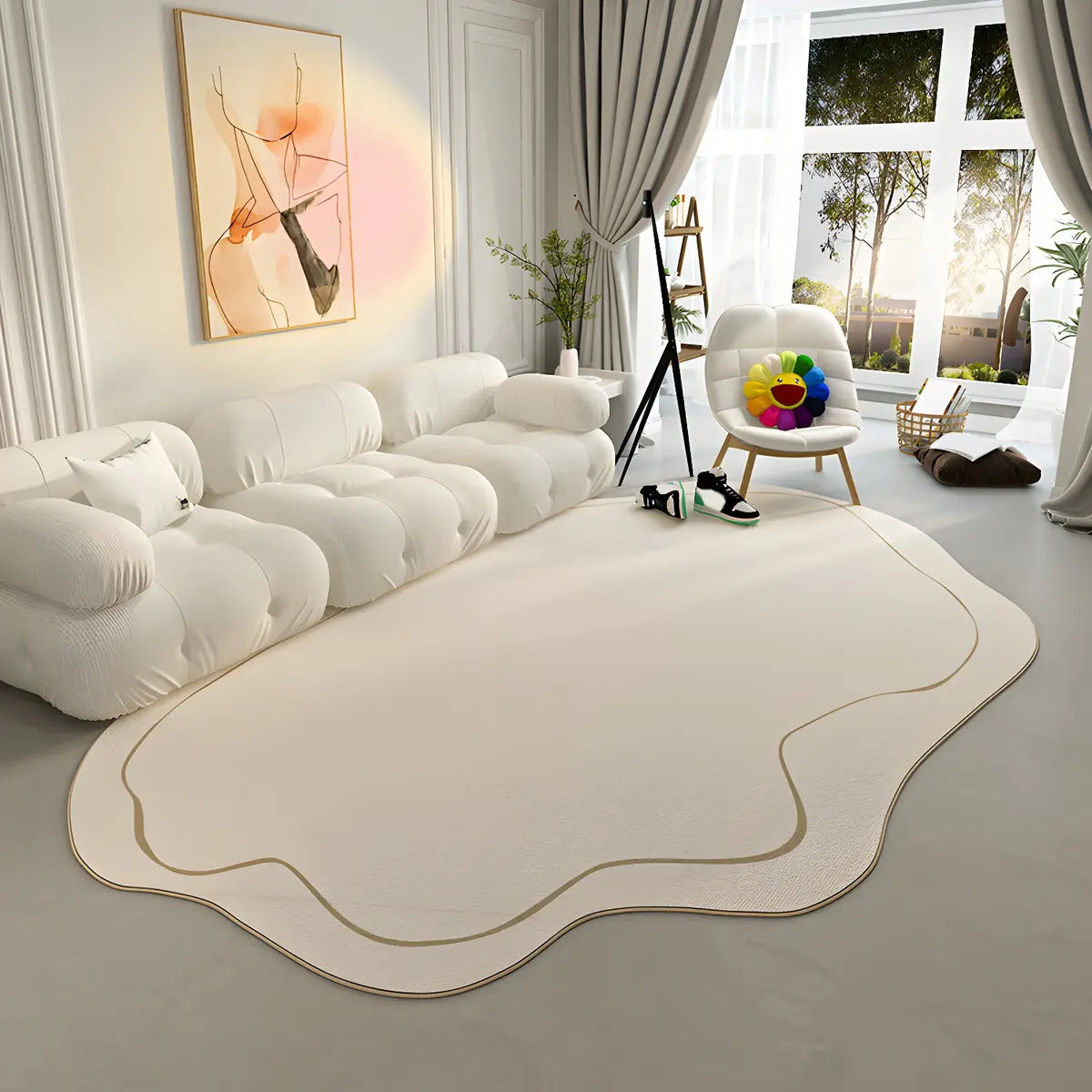 Simple Stain Resistant Irregular Wool Beige Area Rug Image - 11