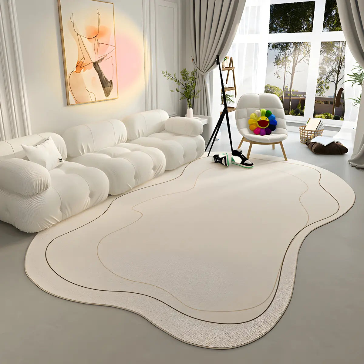 Simple Stain Resistant Irregular Wool Beige Area Rug Image - 14