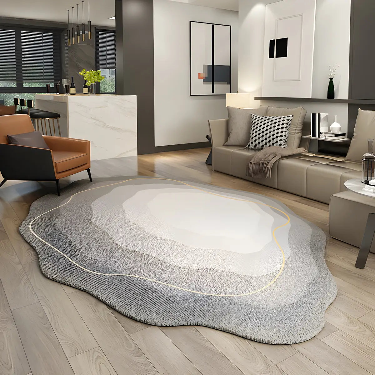 Simple Stain Resistant Irregular Wool Beige Area Rug Image - 5