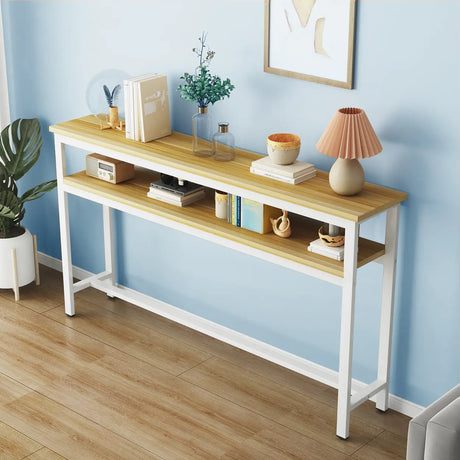Simple Storage Oak Top White Trestle Frame Console Table Image - 1