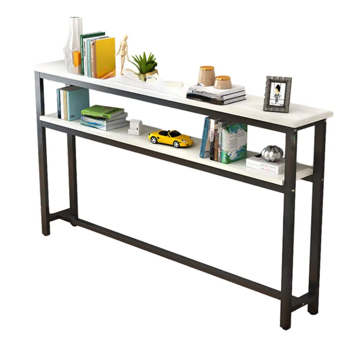 Simple Storage Oak Top White Trestle Frame Console Table Image - 10