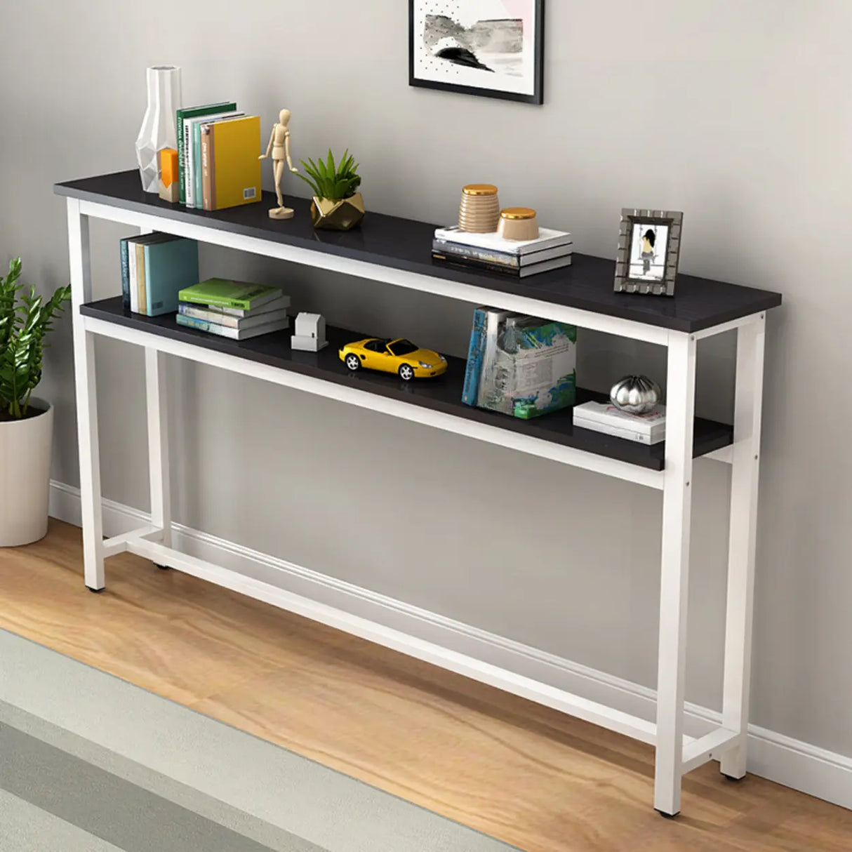 Simple Storage Oak Top White Trestle Frame Console Table Image - 11