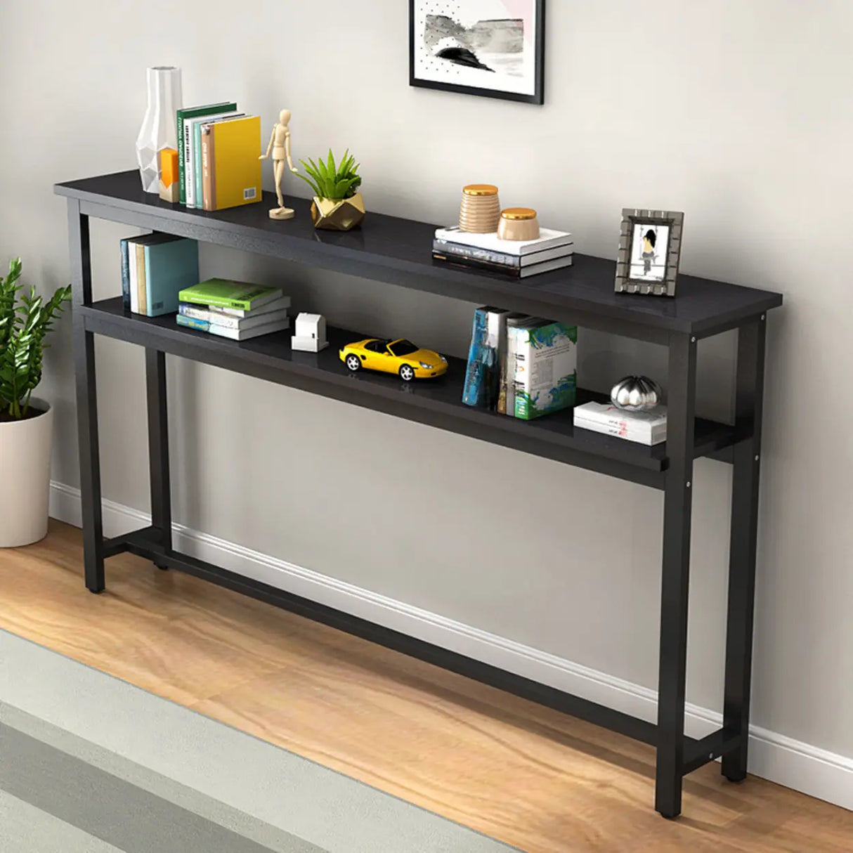 Simple Storage Oak Top White Trestle Frame Console Table Image - 13