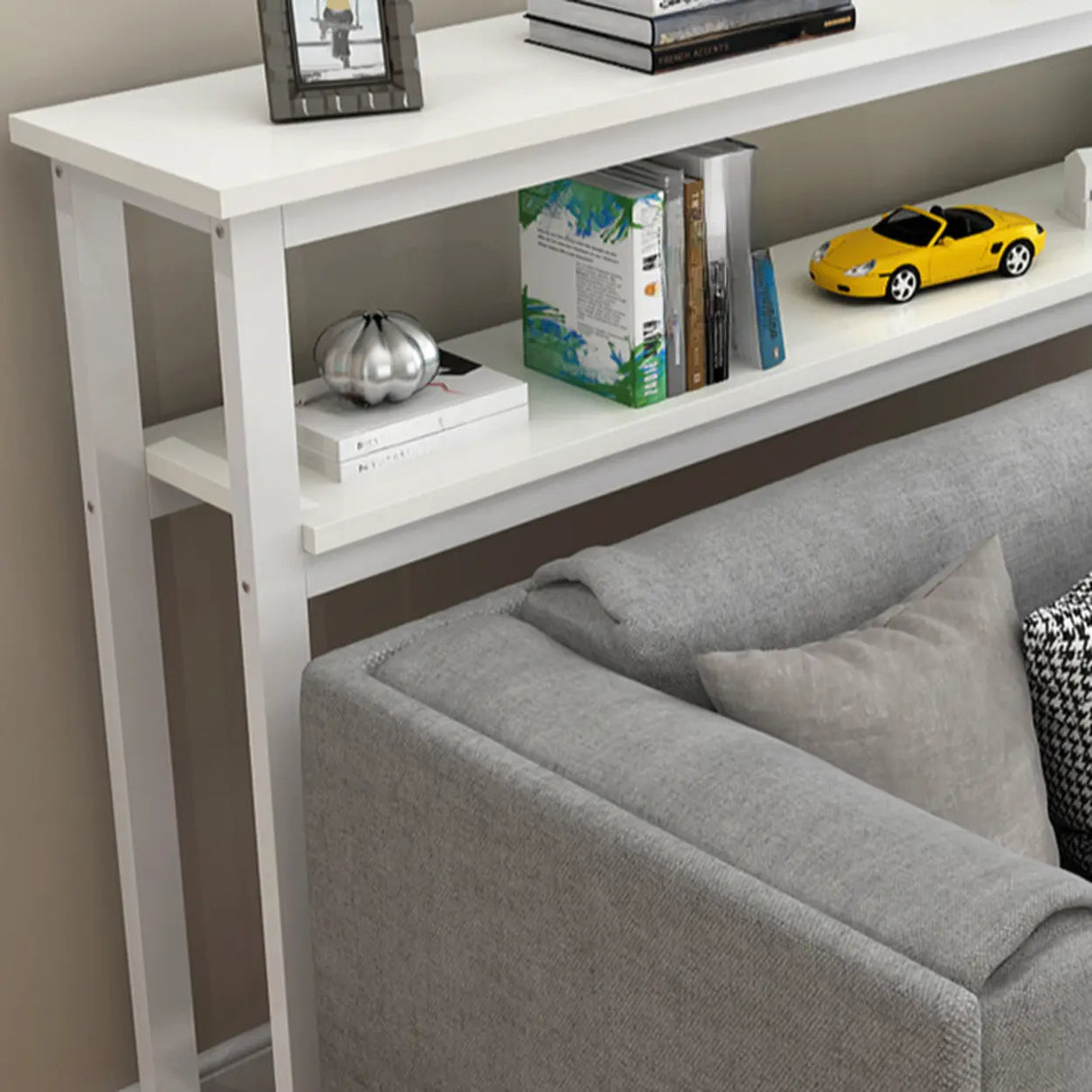 Simple Storage Oak Top White Trestle Frame Console Table Image - 15
