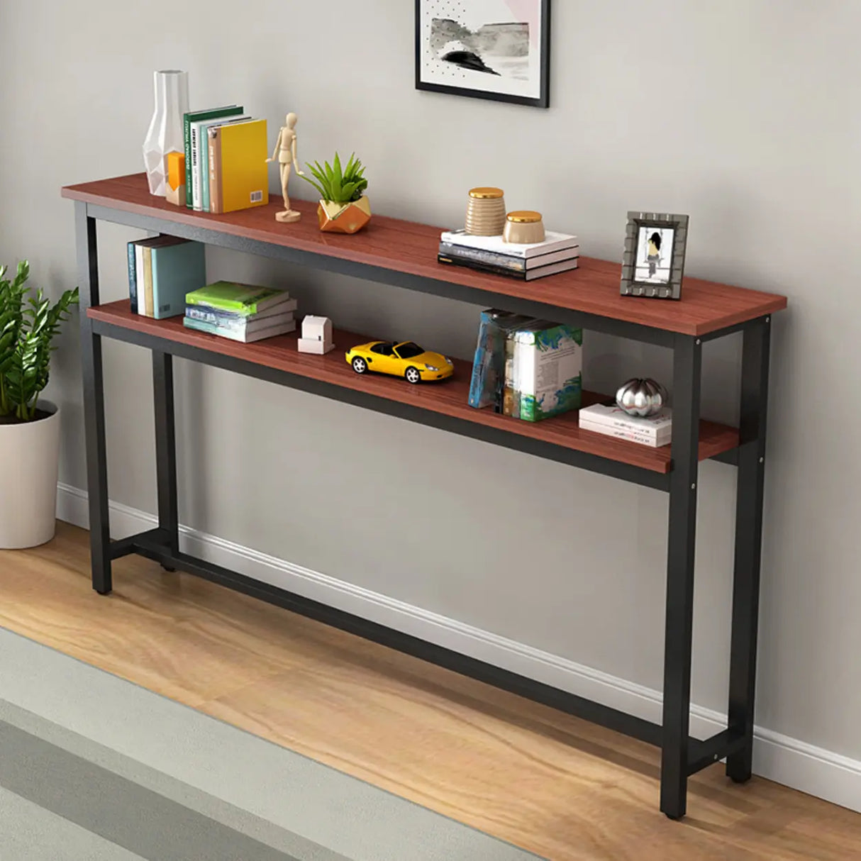 Simple Storage Oak Top White Trestle Frame Console Table Image - 17