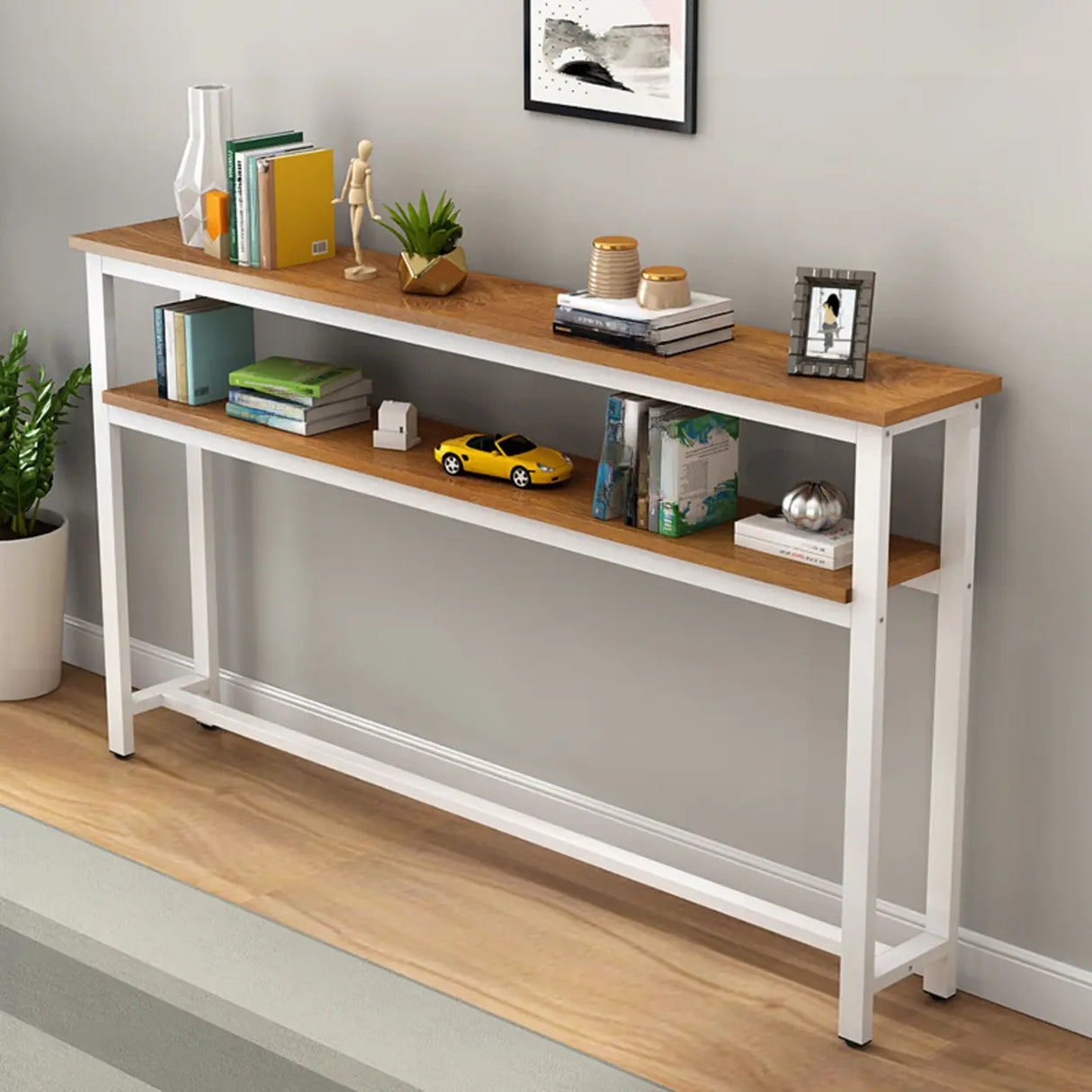 Simple Storage Oak Top White Trestle Frame Console Table Image - 18