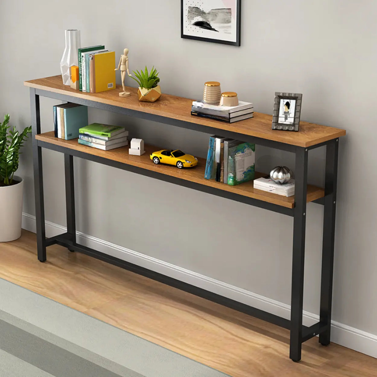 Simple Storage Oak Top White Trestle Frame Console Table Image - 19