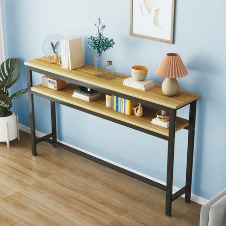 Simple Storage Oak Top White Trestle Frame Console Table Image - 2