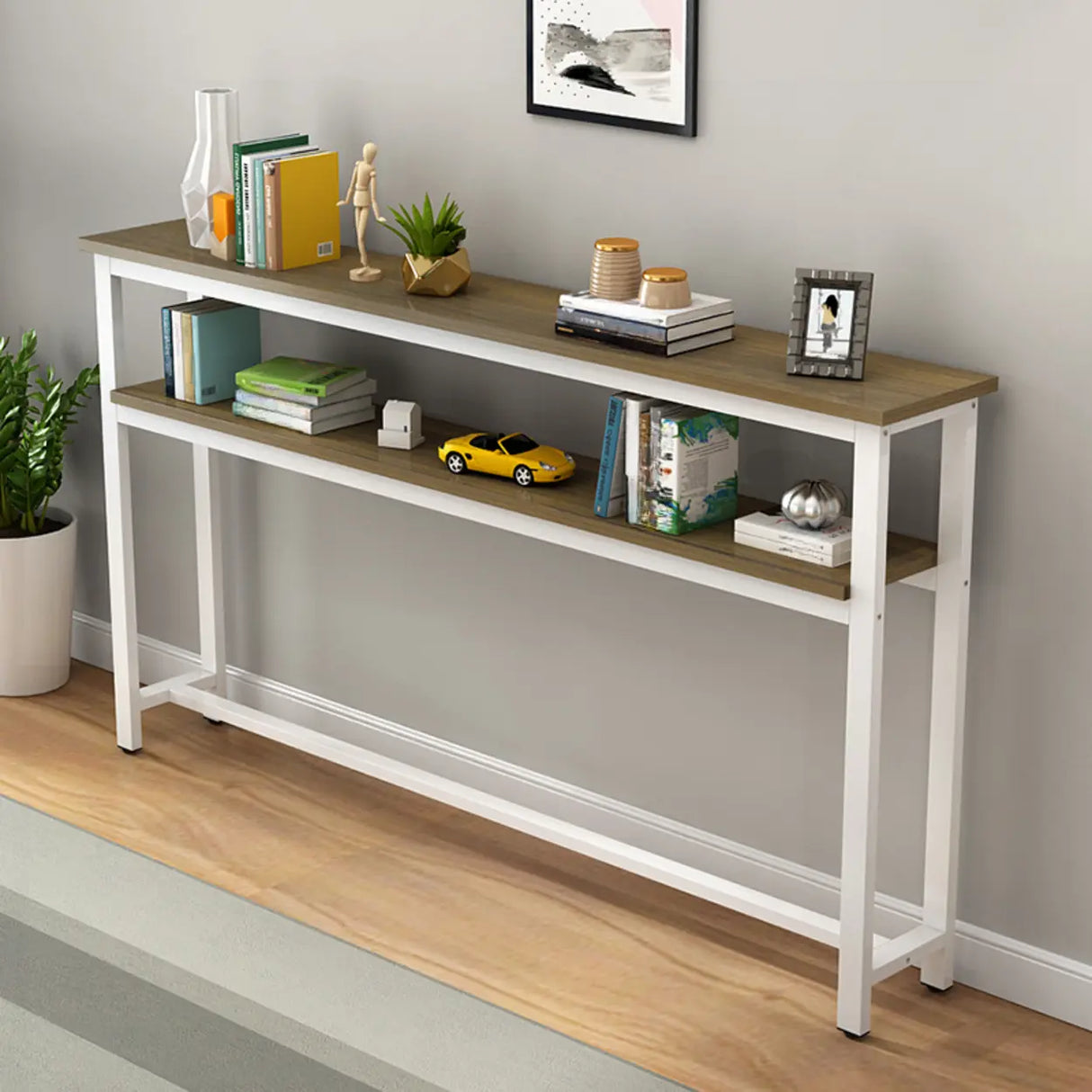Simple Storage Oak Top White Trestle Frame Console Table Image - 3