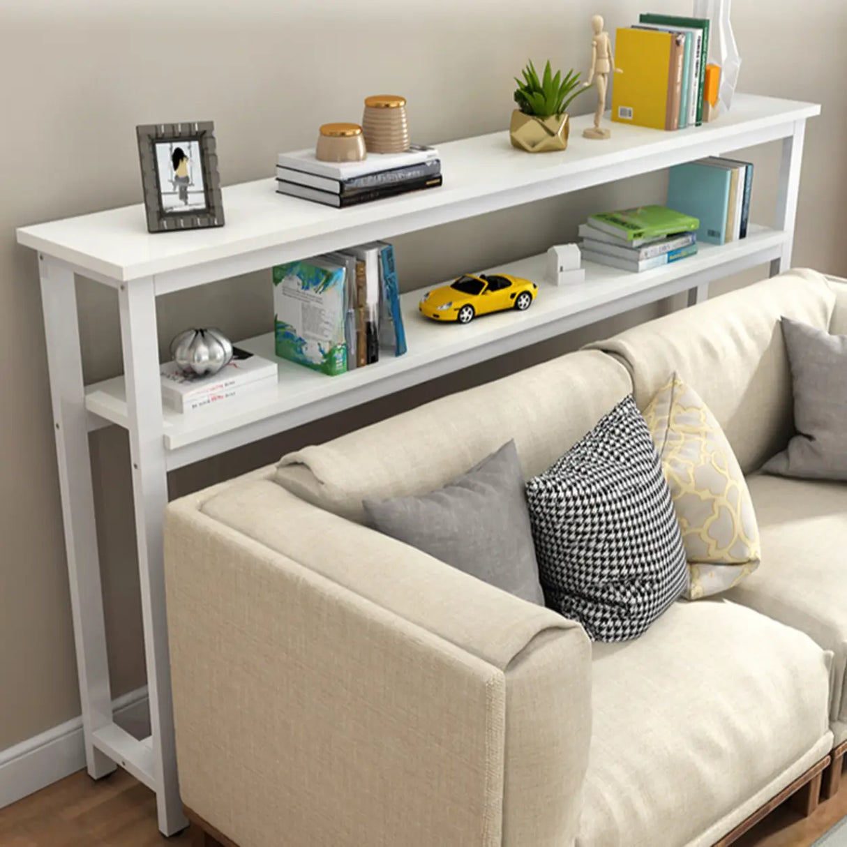 Simple Storage Oak Top White Trestle Frame Console Table Image - 4