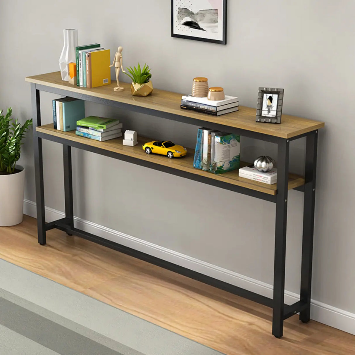 Simple Storage Oak Top White Trestle Frame Console Table Image - 5