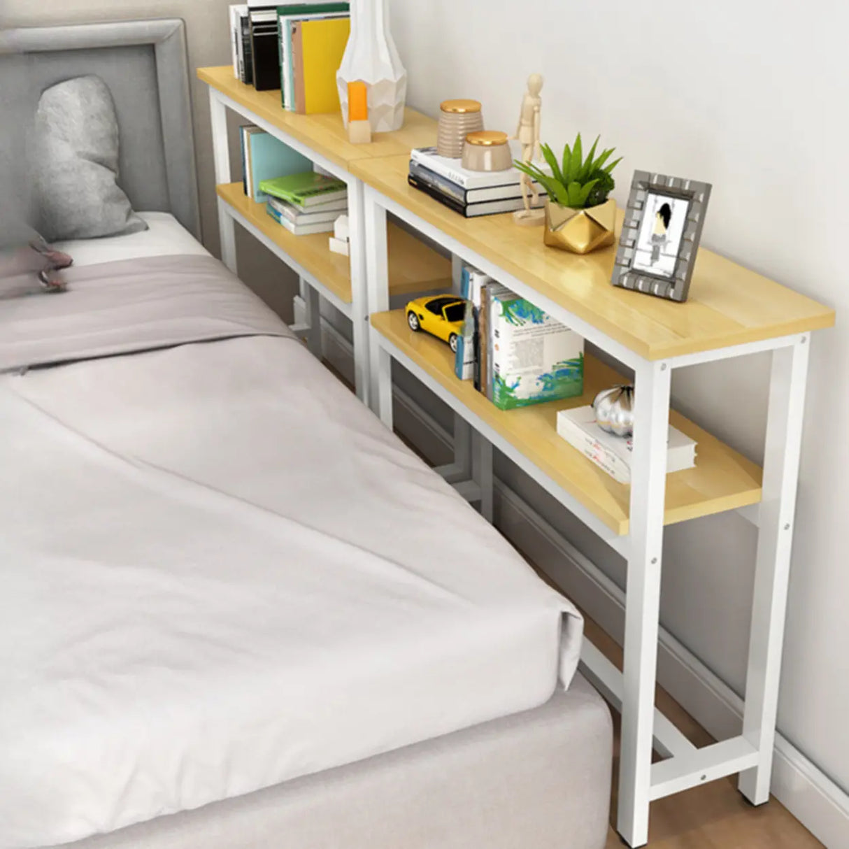 Simple Storage Oak Top White Trestle Frame Console Table Image - 6